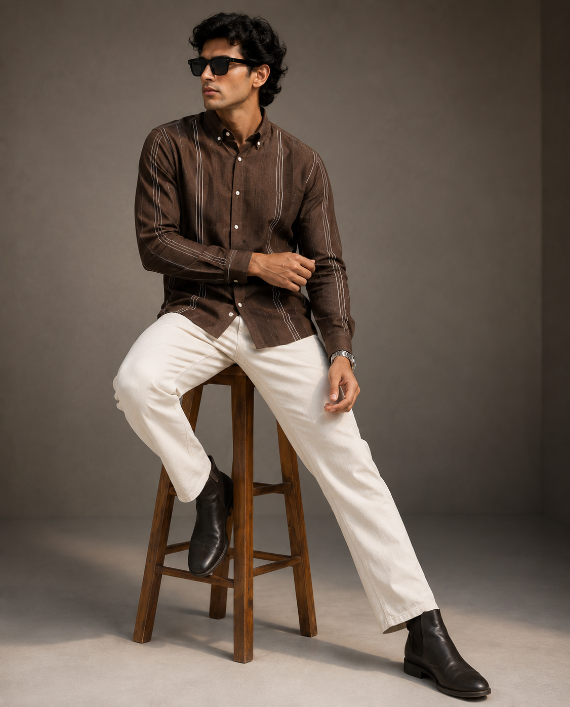 Men's Premium Brown Striped Linen Shirt Full Sleeve