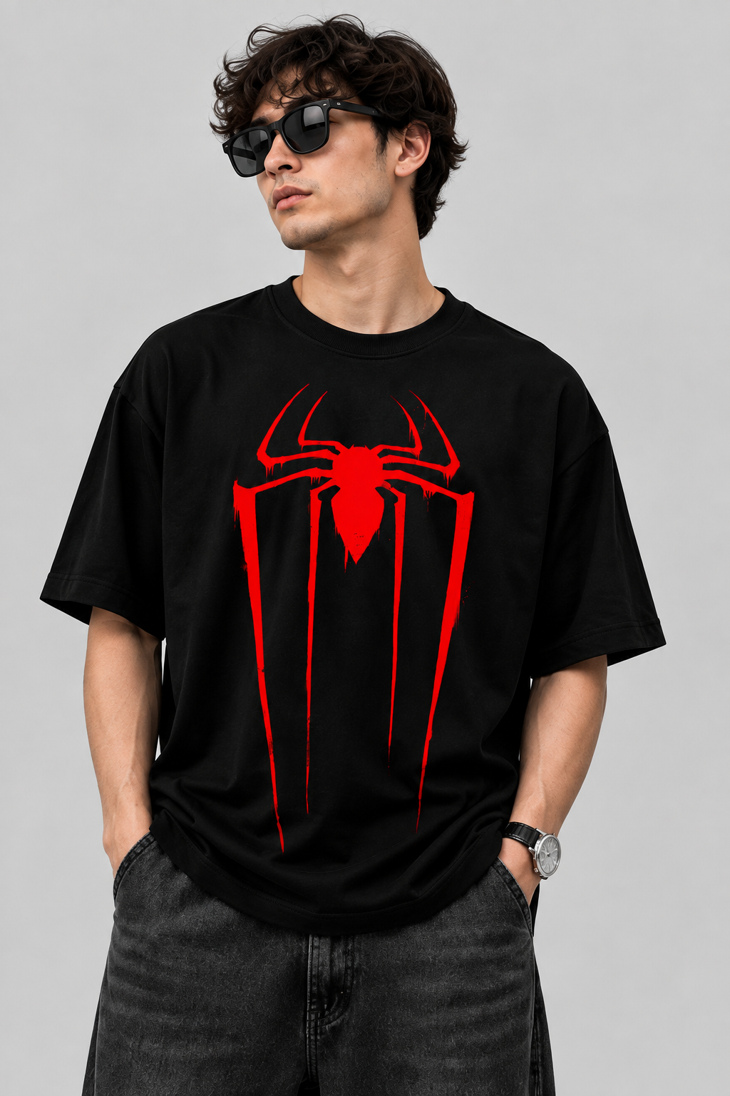 Spidy Black Oversized Graphic T-Shirt