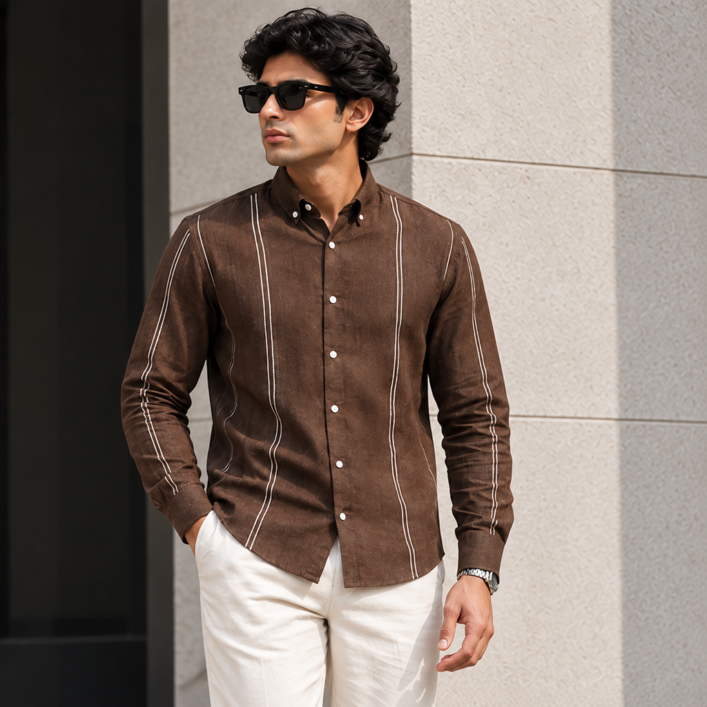 Men's Premium Brown Striped Linen Shirt Full Sleeve