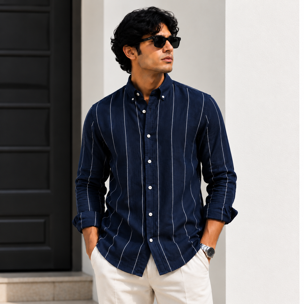 Midnight Navy Striped linen Shirt