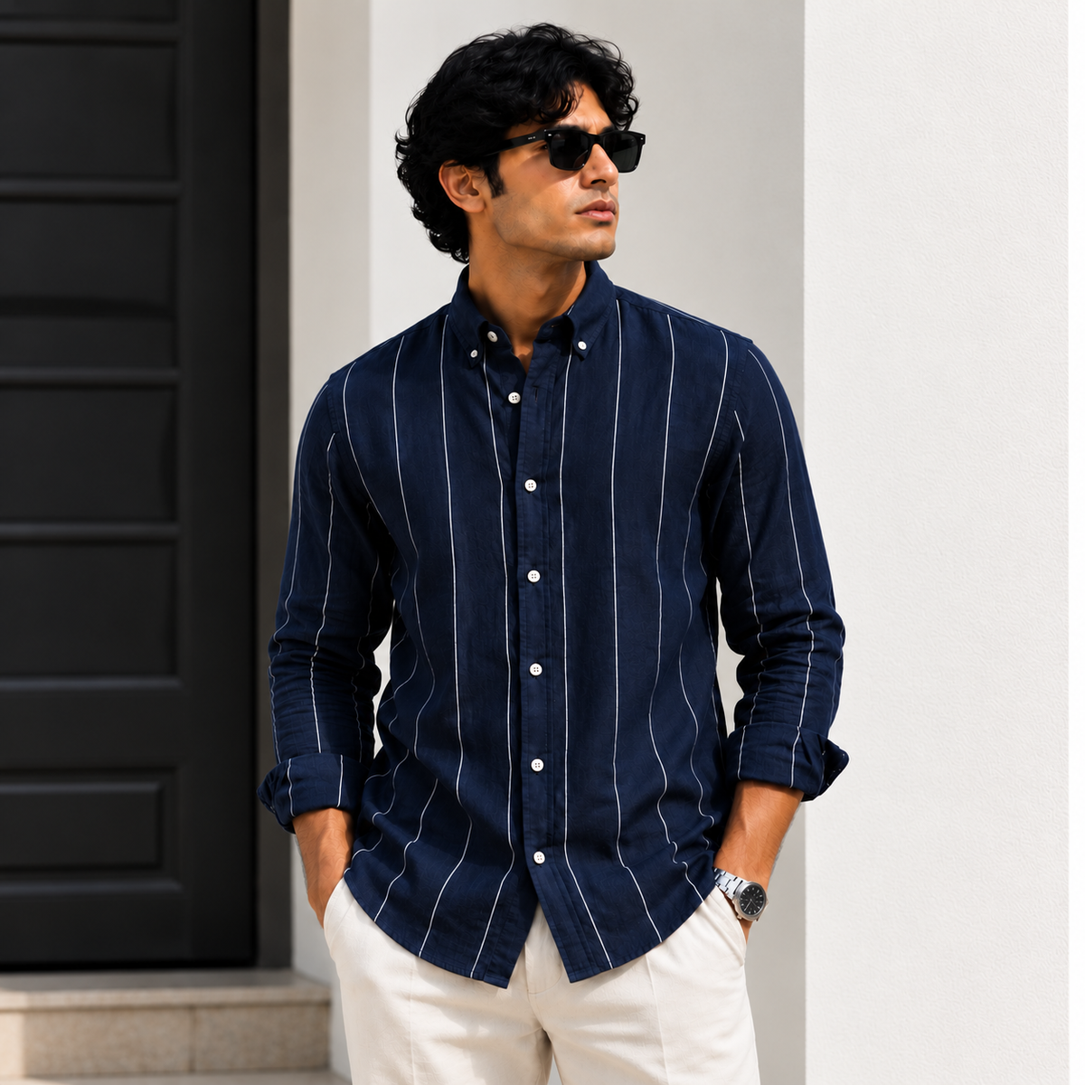 Midnight Navy Striped linen Shirt