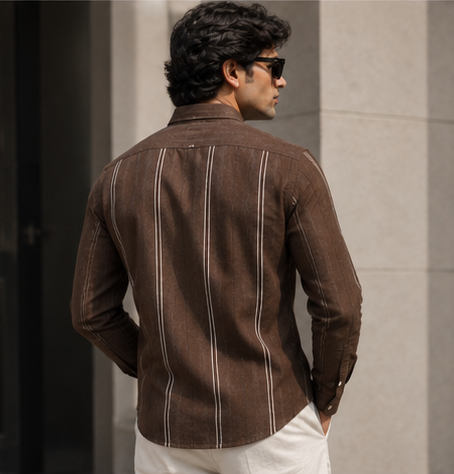 Men's Premium Brown Striped Linen Shirt Full Sleeve