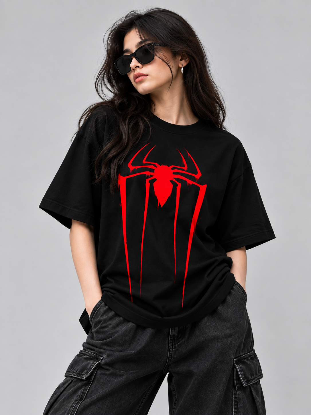 Spidy Black Oversized Graphic T-Shirt