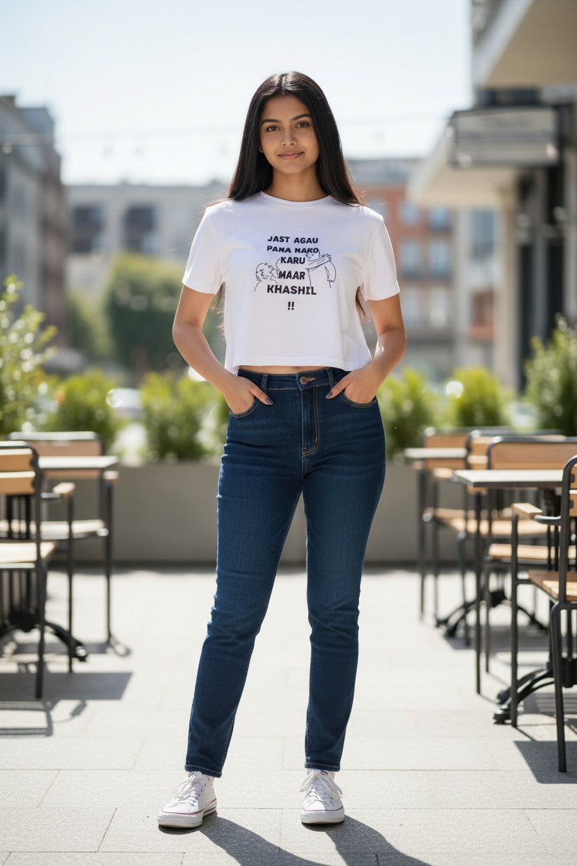 Agau Crop Top for Women | White Printed Casual T-Shirt | Emergenz