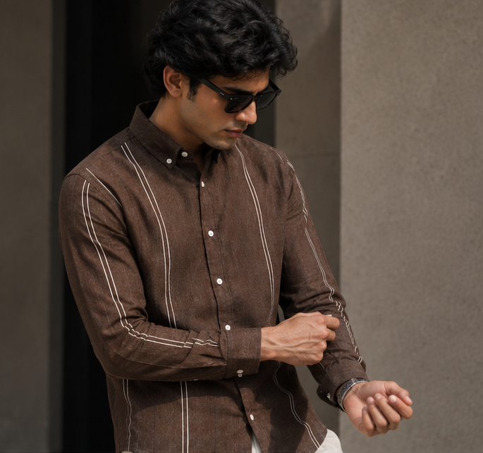 Men's Premium Brown Striped Linen Shirt Full Sleeve