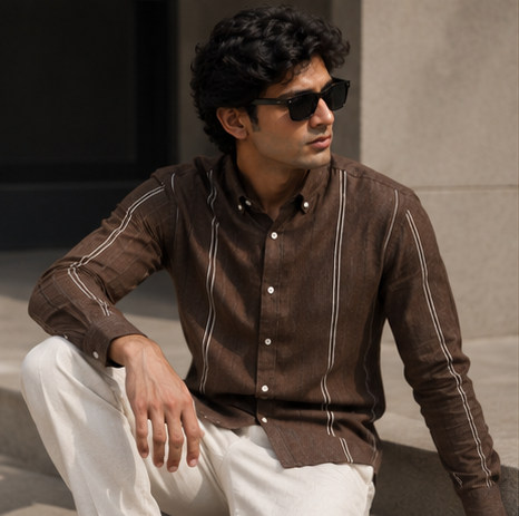 Men's Premium Brown Striped Linen Shirt Full Sleeve